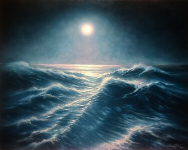 Moonligh seascape Painting titled "Moonligh seascape" by Sanade, Original Artwork, Oil
