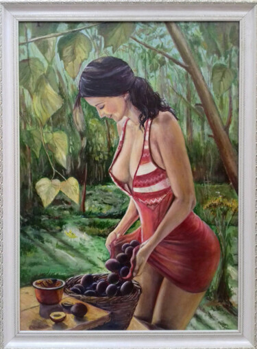 Girl and plums Картина под названием "Girl and plums" - Valerii Radzikhovskyi, Подлинное произведение искусства, Масло