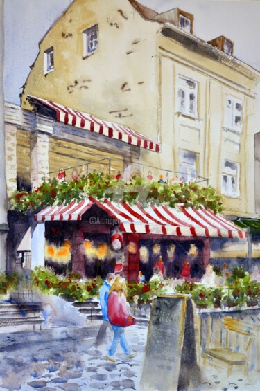 Red bar Skadarlija Belgrade 35x54cm 2022 Painting titled "Red bar Skadarlija…" by Nenad Kojić, Original Artwork, Watercolor