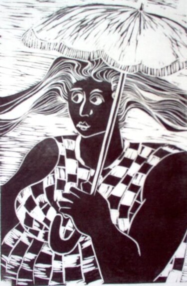 Mulher com sombrinha Impressões e gravuras intitulada "Mulher com sombrinha" por Maria Lucia Pacheco, Obras de arte originais, Linoleogravura