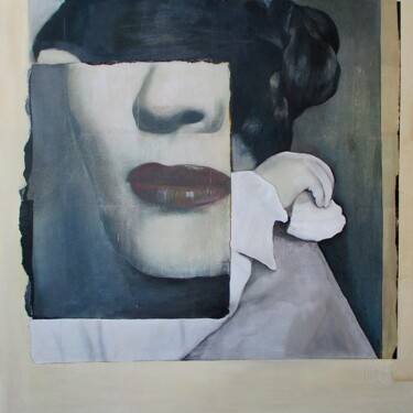 제목이 "Les Regards 1"인 콜라주 Marian Williams로, 원작, 기름 나무 들것 프레임에 장착됨