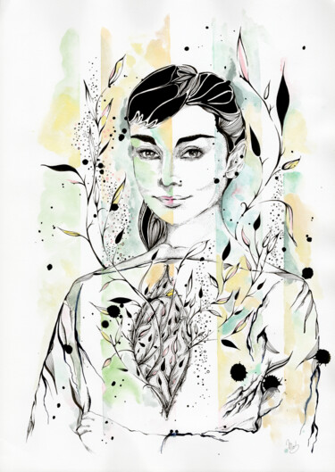 Dessin intitulée "Mona" par Mab Carratier, Œuvre d'art originale, Aquarelle