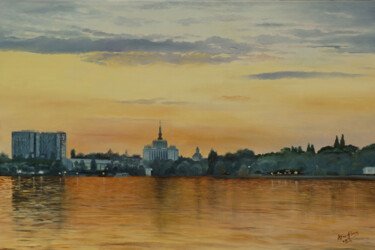 Painting titled "Evening in Herastrau" by Tudor Gafton, Original Artwork, Oil Mounted on Wood Stretcher frame