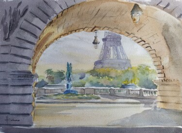 Painting titled "Les Arches et La To…" by Horacio Cobas, Original Artwork, Watercolor