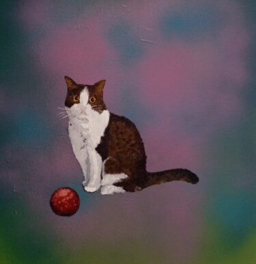 绘画 标题为“Le chat et la balle…” 由Bertrand Jost, 原创艺术品, 丙烯 安装在木质担架架上