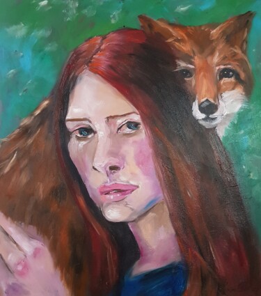 The fox girl Lady and Fox original oil painting Peinture intitulée "The fox girl Lady a…" par Rada Gor, Œuvre d'art originale, Huile