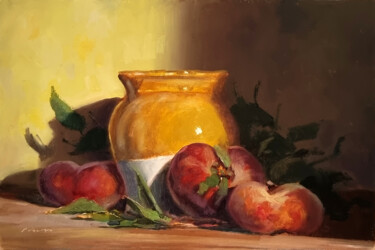 Peinture intitulée "Pêches et Pichet" par Pascal Giroud, Œuvre d'art originale, Huile