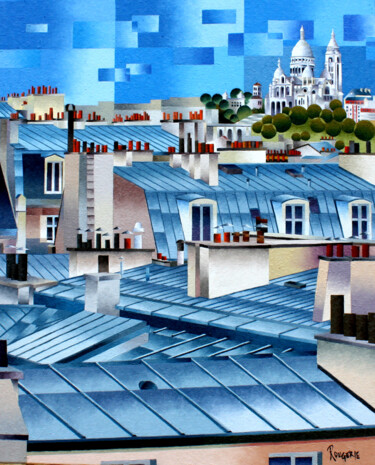 绘画 标题为“VUE SUR LE SACRE CO…” 由Jean Rougerie, 原创艺术品, 油 安装在木质担架架上