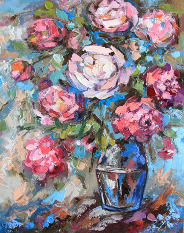 Ζωγραφική με τίτλο "Bouquet pink flower…" από Lyudmila Knyazeva, Αυθεντικά έργα τέχνης, Λάδι