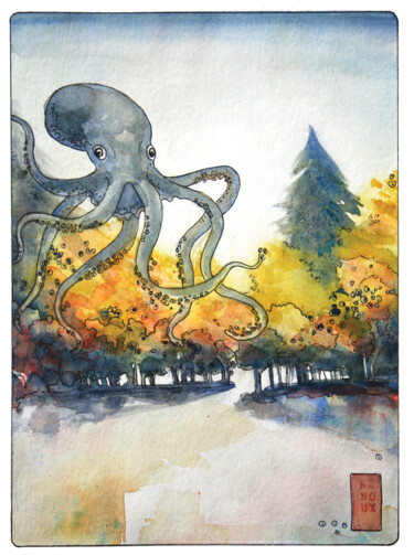 Octopus, pieuvre des bois à l'automne, façon estampe japon 제목이 "Octopus, pieuvre de…"인 미술작품 Vanessa Renoux로, 원작, 수채화