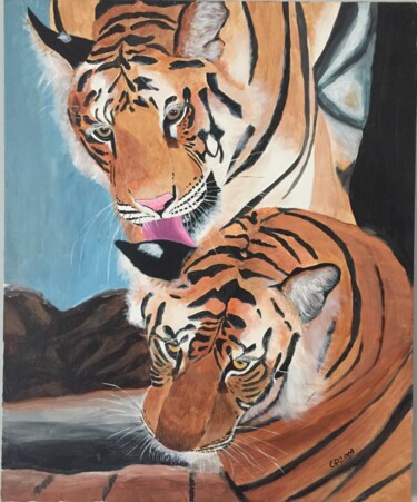绘画 标题为“Les tigres” 由Claire Paravisini-Ernouf, 原创艺术品, 丙烯 安装在木质担架架上