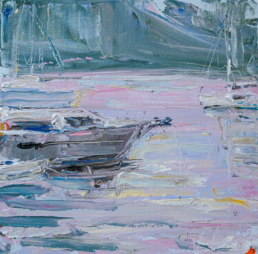 Evening with a motoryacht, small abstract landscape 25x25 cm 绘画 标题为“Evening with a moto…” 由Dina Aseeva, 原创艺术品, 丙烯 安装在木质担架架上