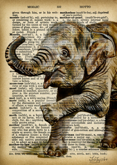 Elephant Safari African Animal Dictionary Book Page Antique 绘画 标题为“Elephant Safari Afr…” 由Irinjoyart, 原创艺术品, 水彩