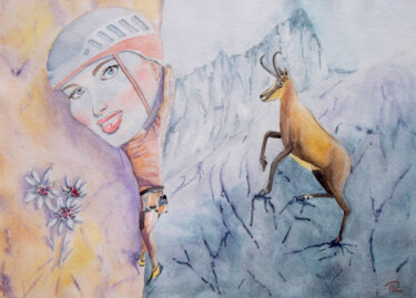 AQUARELLE originale et unique: grosse tête d'une grimpeuse Peinture intitulée "AQUARELLE originale…" par Isabelle Redonnet, Œuvre d'art originale, Aquarelle