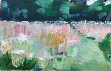 제목이 "Summer Grassland 1"인 미술작품 Sandra Haney로, 원작, 기름 목재 패널에 장착됨