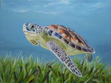 绘画 标题为“Tortuga en la prade…” 由V.Oña, 原创艺术品, 油 安装在木质担架架上