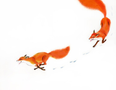 Fun in the snow - two red foxes running in snow Pittura intitolato "Fun in the snow - t…" da Olga Beliaeva, Opera d'arte originale, Acquarello