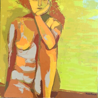 Nu assise avec visage sur la main Painting titled "Nu assise avec visa…" by Anne Fersit, Original Artwork, Oil Mounted on Wood Stretcher frame
