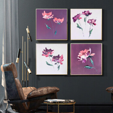 FANTASTIC GREENHOUSE 4 SET - Roses. Abstraction. Nature. 「FANTASTIC GREENHOUS…」というタイトルの絵画 Marina Skromovaによって, オリジナルのアートワーク, オイル ウッドストレッチャーフレームにマウント