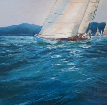 Peinture intitulée "Voiliers en Méditer…" par Elena Cotté, Œuvre d'art originale, Huile Monté sur Châssis en bois