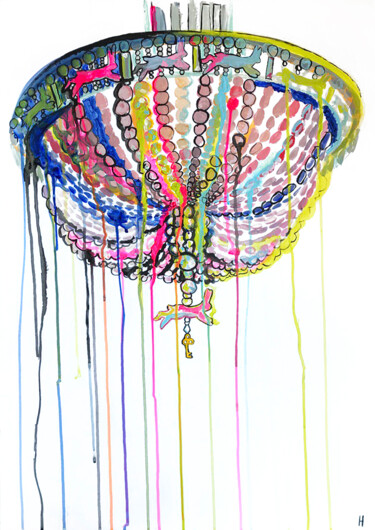 Crystal chandelier with running hares Peinture intitulée "Crystal chandelier…" par Nataliia Lepikhina, Œuvre d'art originale, Acrylique