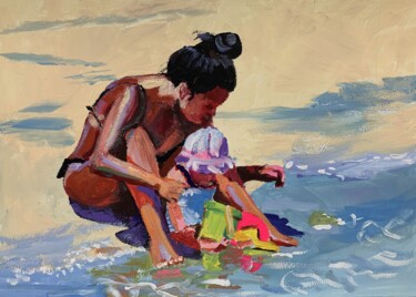 Vacation in Italy. Schetch. Mom with a kid on the beach. 绘画 标题为“Vacation in Italy.…” 由Vita Schagen, 原创艺术品, 水粉