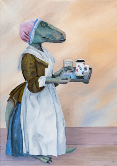 Painting titled "The Chocolate Dino-…" by Olga Petrova, Original Artwork, Oil Mounted on Wood Stretcher frame