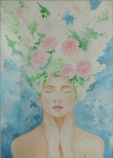 Ζωγραφική με τίτλο "Girl with roses" από Tetiana Kosenko, Αυθεντικά έργα τέχνης, Ακουαρέλα