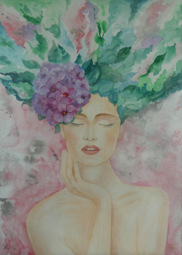 Painting titled "Girl with phloxes" by Tetiana Kosenko, Original Artwork, Watercolor
