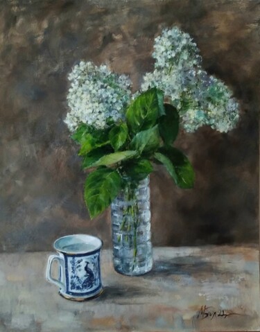 Freshness. Hydrangea and cup of water Peinture intitulée "Freshness. Hydrange…" par Maria Bel, Œuvre d'art originale, Huile