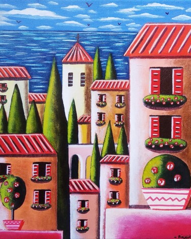 Un été en bord de mer Peinture intitulée "Un été en bord de m…" par Sabrina Riggio, Œuvre d'art originale, Acrylique Monté sur Châssis en bois