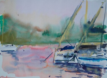 Enjoying the evening - abstract watercolor sailboats sailing Schilderij getiteld "Enjoying the evenin…" door Dina Aseeva, Origineel Kunstwerk, Aquarel