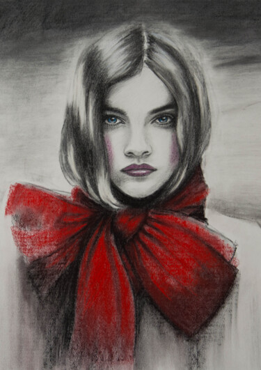Girl with a red bow Рисунок под названием "Girl with a red bow" - Inna Medvedeva, Подлинное произведение искусства, Пастель