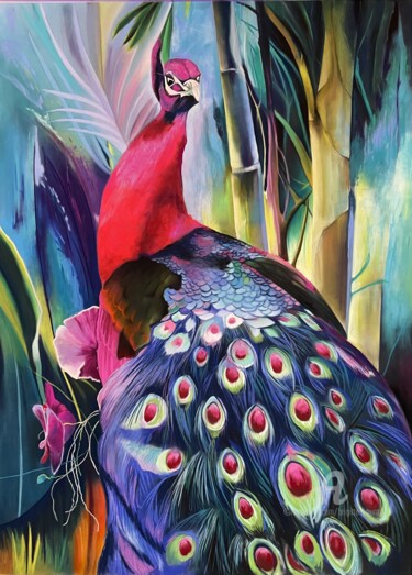 Painting titled "N°1- Le paon" by Brigitte Bouron, Original Artwork, Pastel