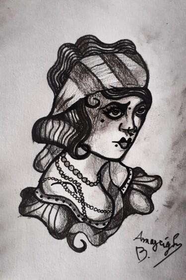 Рисунок под названием "La Bohémienne" - Amazeigh Bouzékri, Подлинное произведение искусства, Чернила