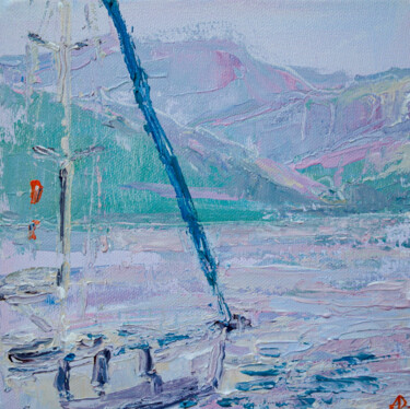 Romantico - abstract sailboat yacht blue painting 20x20 sea Peinture intitulée "Romantico - abstrac…" par Dina Aseeva, Œuvre d'art originale, Acrylique Monté sur Châssis en bois