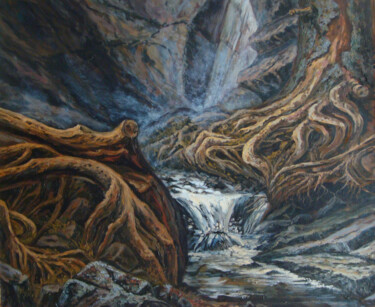 Painting titled "Корни у водопада Ми…" by Dmitry Lazarev, Original Artwork, Oil