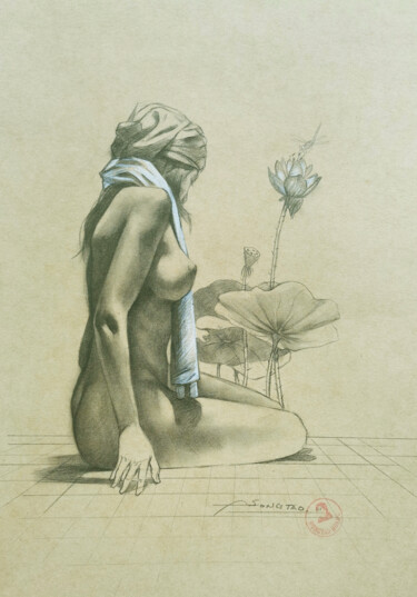Lotus and Dragonfly Drawing titled "Lotus and Dragonfly" by Hongtao Huang, Original Artwork, Pencil
