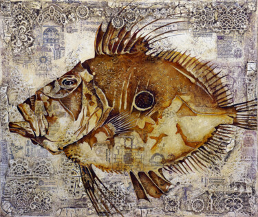 绘画 标题为“Fish Antique 2, ori…” 由Wlad Safronow, 原创艺术品, 油 安装在木质担架架上