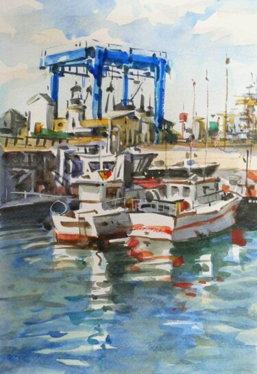 Painting titled "Dans le port (aquar…" by Christian Arnould, Original Artwork, Watercolor