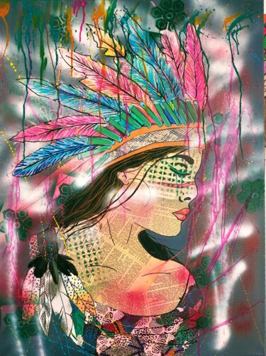 Peinture intitulée "Amérindienne" par Art&B, Œuvre d'art originale, Acrylique Monté sur Châssis en bois