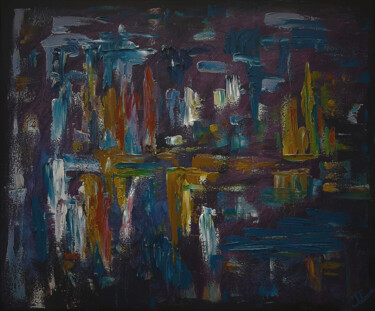 City view, abstract Painting titled "City view, abstract" by Julia Leon, Original Artwork, Oil Mounted on Wood Stretcher frame
