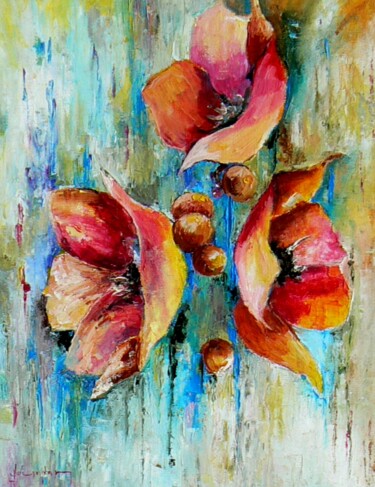 Painting titled "Trois fleurs rouges." by Jean Jourdan, Original Artwork, Oil Mounted on Wood Stretcher frame