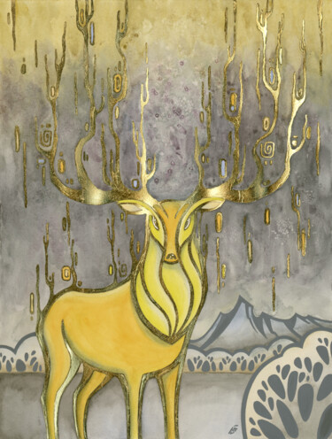 绘画 标题为“Golden deer, yellow…” 由Yulia Belasla, 原创艺术品, 水彩