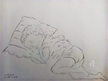 Drawing titled "Louis qui dort" by Roberto Urbano, Original Artwork, Pencil