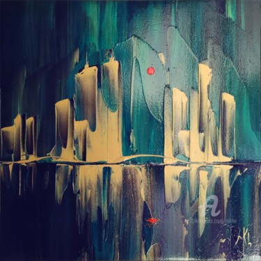 Malerei mit dem Titel "Blue and gold city" von Mikha, Original-Kunstwerk, Acryl