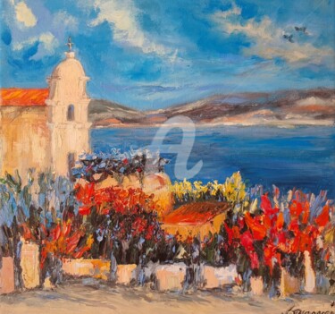 Peinture intitulée "L'église latine de…" par Valerie Dragacci, Œuvre d'art originale, Huile Monté sur Châssis en bois