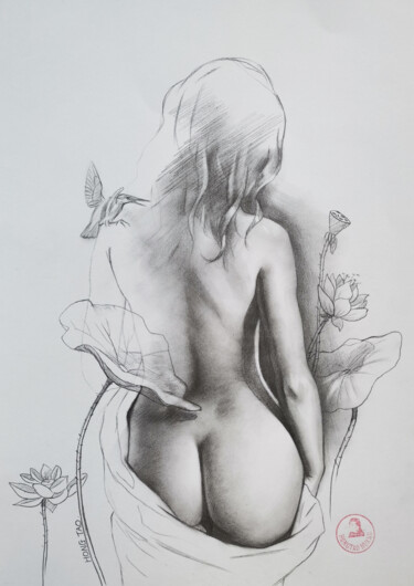 Drawing titled "Kingfisher and Lotus" by Hongtao Huang, Original Artwork, Pencil