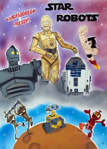 Painting titled "Star Robots" by Handfabdream, Original Artwork, Acrylic Mounted on Wood Panel