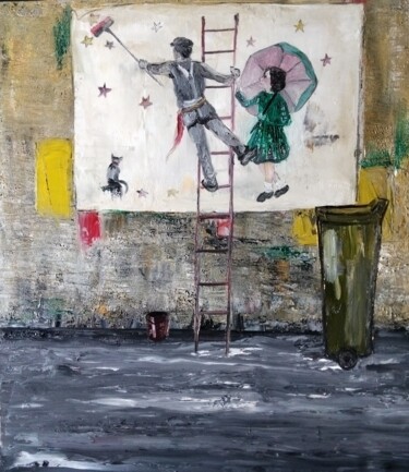 Painting titled "Le colleur d affich…" by Nicole Bachelard, Original Artwork, Oil